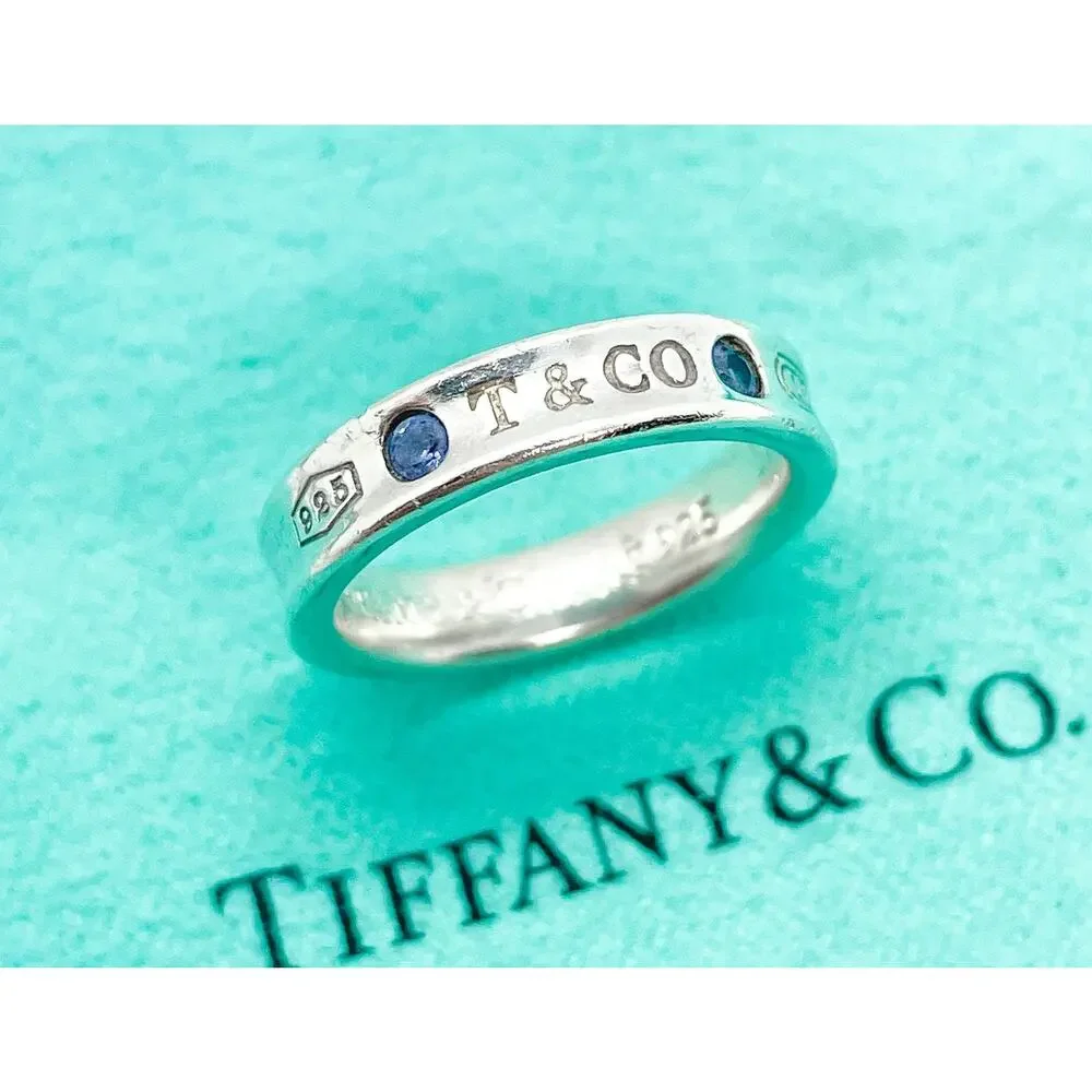 Tiffany & Co. 1837 Montana Sapphire Ring Sterling Silver Size 4 w/ Pouch